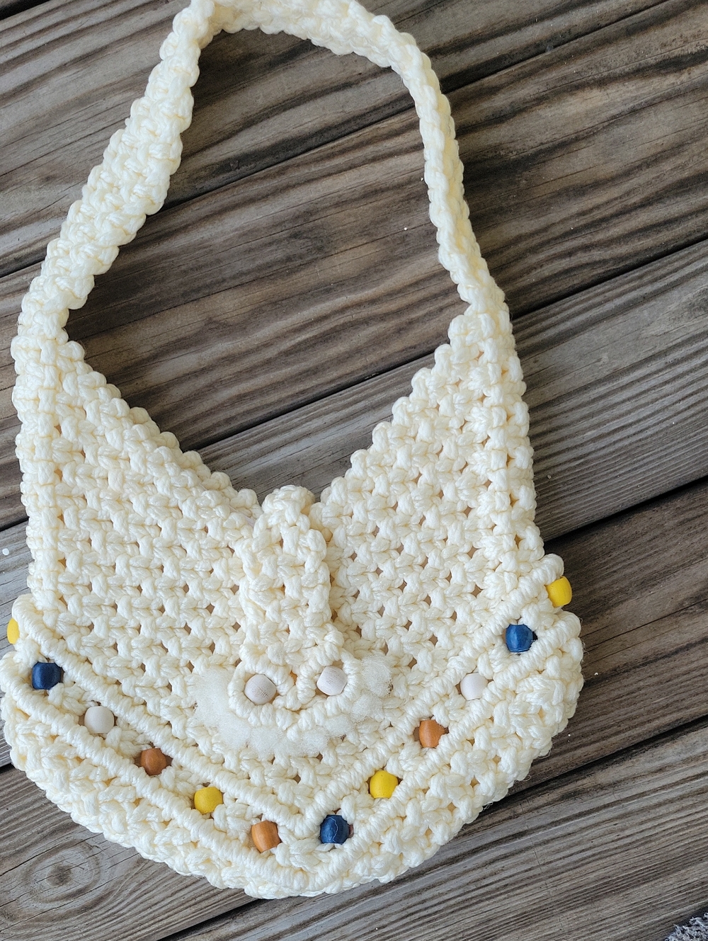 Hand Crafted Cream Crochet Shoulder Bag with Yellow Blue Tan Accents